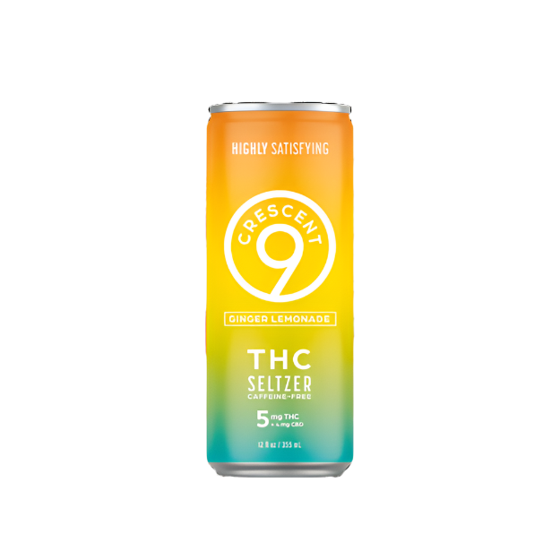 colorful seltzer can with a blue, green, yellow and orange gradient. 5mg thc, crescent 9 branded