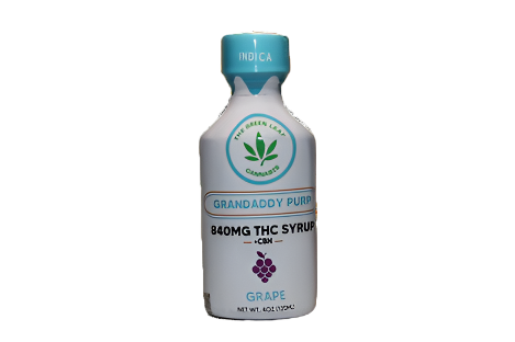 Grandaddy Purp-strain-indica-syrup-The Green Leaf Cannabis-Cannabis-THCA-grape flavor-120ml-Fast Acting THC Syrup-420mg THC
