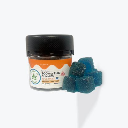 sativa-thc-gummies-THC edibles-blue razz-THCP-Blue gummies-300mg thc
